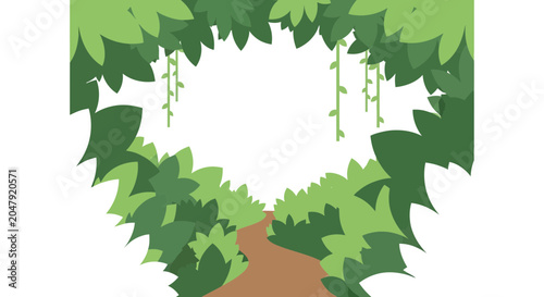 Photos Heart-shaped jungle path with hanging vines, lush green foliage, copy space