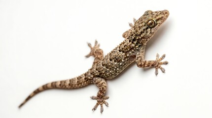 A detailed top view of a small brown gecko isolated on a white background.