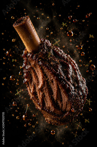 Levitating Lamb Majesty - Floating braised lamb shank with cinematic gourmet lighting and luxury fine dining atmosphere