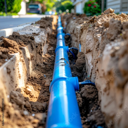 New blue utility pipe installation in a residential street trench