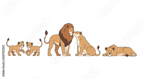 Photography Lion Family: Male, Female, Cubs, Cute, Cute Animal Illustration, Realistic