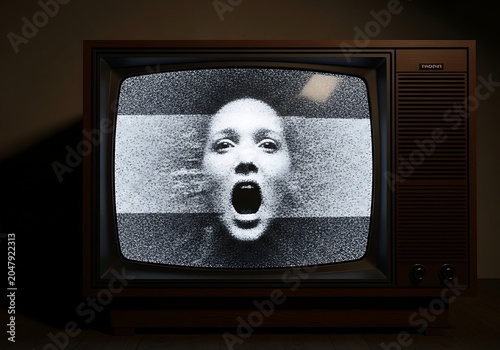 Close-up Screaming Face on Static Television Screen in Dark Room