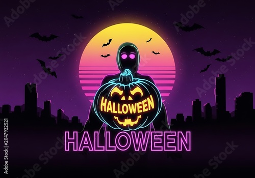 Halloween Silhouette with Jack-o-Lantern Head Against Full Moon Night Sky