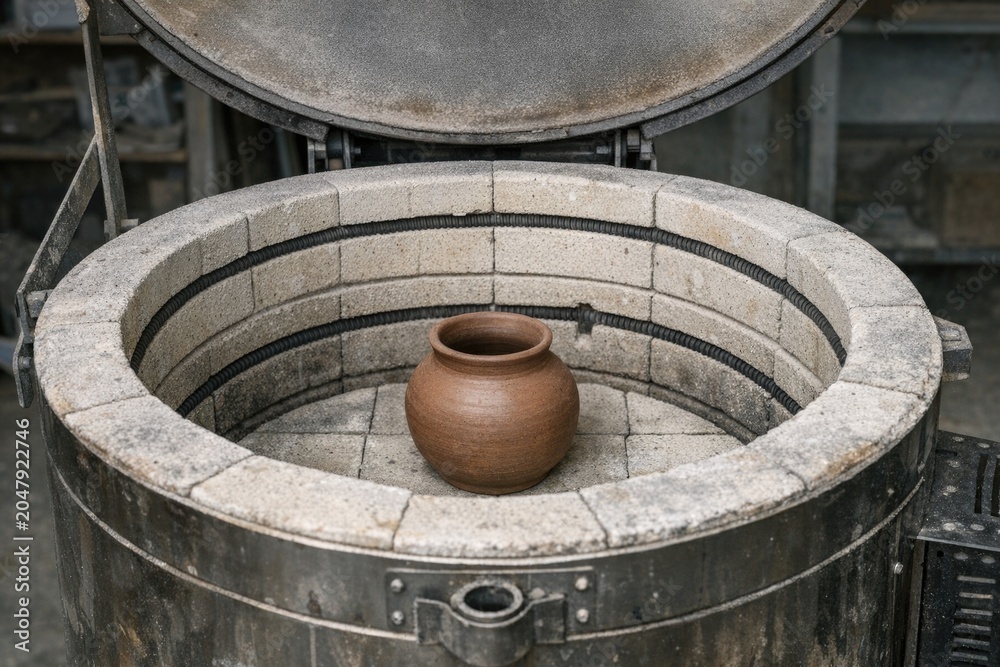 Fototapeta premium A clay pot sits inside a metal container, showcasing different textures and materials