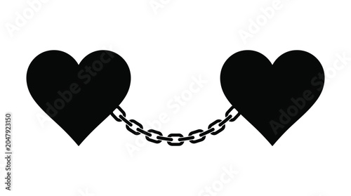 Schilderij op canvas Two heart shapes connected by a chain black silhouette on white