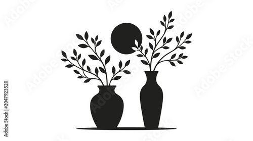 Принти на полотні Vases with foliage and circular element black silhouette on white background