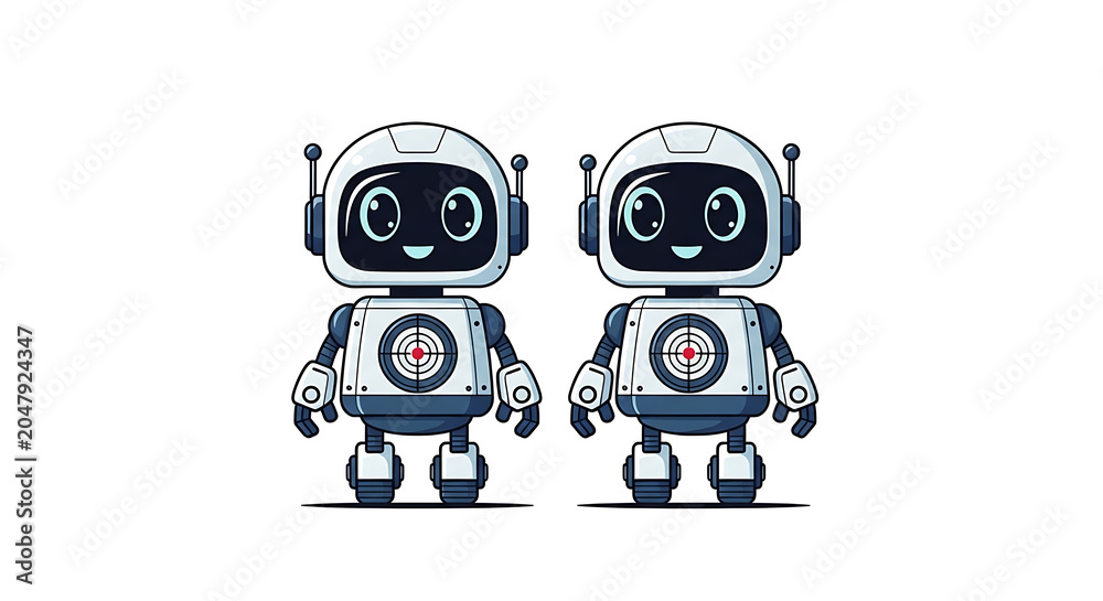 Fototapeta premium Black and white of two cartoon robots with circular heads and mechanical arms