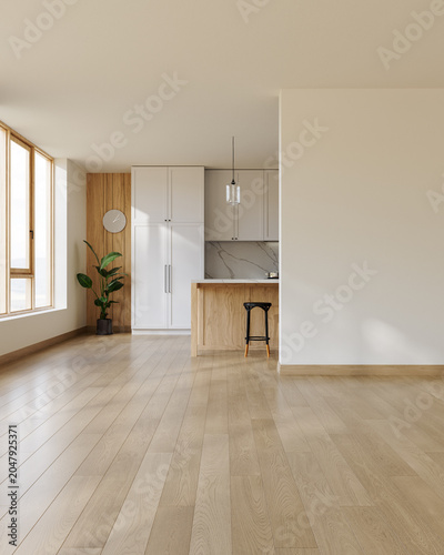 Blank, modern living space and kitchen area with natural light. Minimalist design ready for home staging, furnishing, or adding text. 3d Rendering