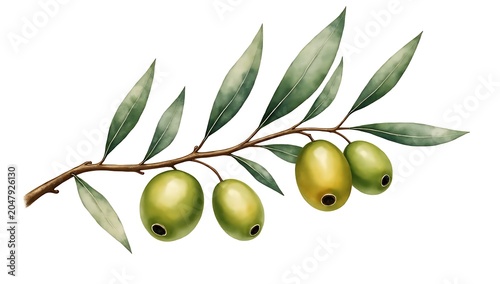 Realistic Green Olive Branch with Fresh Olives and Leaves Botanical Watercolor Illustration
