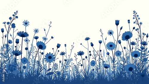 Blue Wildflower Meadow Border Background with Botanical Floral Silhouette and Copy Space