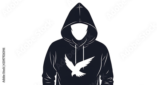 Black silhouette of a person wearing a hoodie and mask against white background