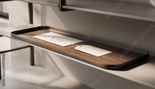 Minimalist Wooden Tray with Stationery on Shelf.