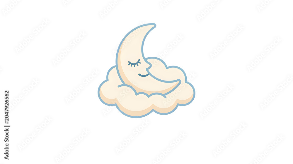Fototapeta premium Cute cartoon smiling crescent moon sleeping on soft white cloud transparent background