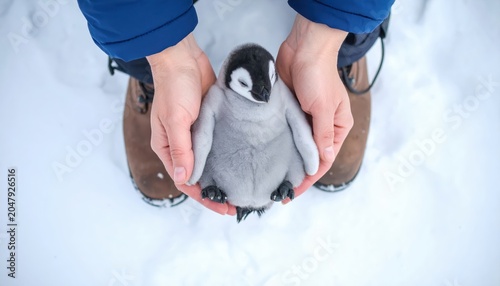 Cute baby penguin held gently in snowy environment.