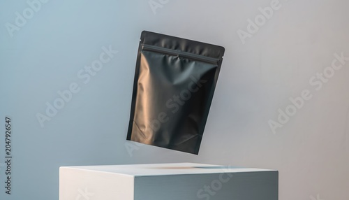 Minimalist Black Pouch Floating Above White Cube.
