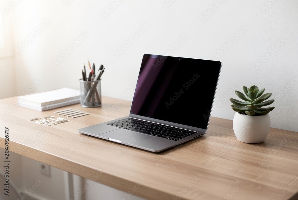 Fototapeta premium Modern Laptop on a Wooden Desk with Office Supplies