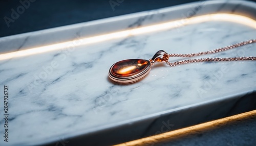 Elegant Rose Gold Teardrop Pendant Necklace on Marble Surface.