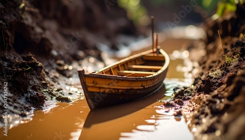 Miniature Wooden Boat Navigating a Muddy Stream in Nature.
