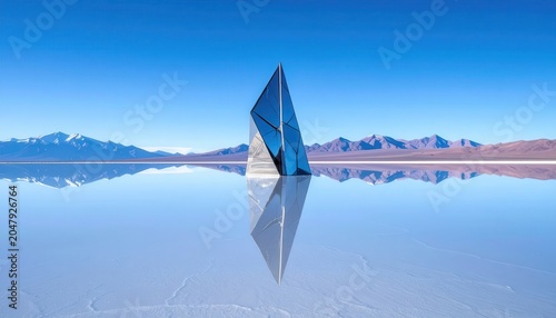 Surreal Geometric Sculpture Reflecting in a Vast Salt Flat Under a Clear Blue Sky.