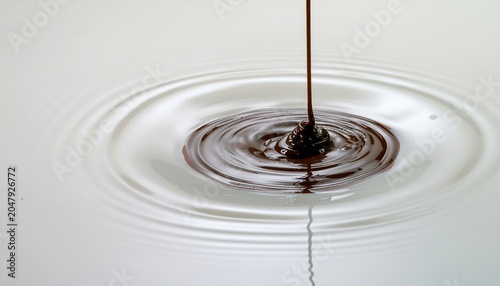 Liquid Chocolate Pouring into a Pool of Milk Creating Ripples.