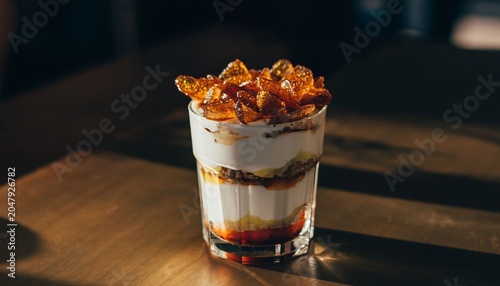 Delicious Parfait with Caramelized Topping on Wooden Table.