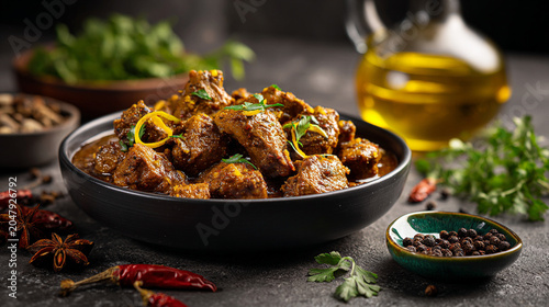 Spicy indian mutton curry served in a black bowl with aromatic spices