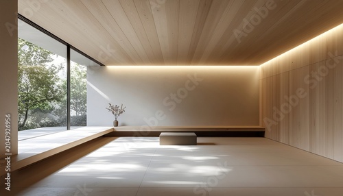 Sunlit minimalist interior with wooden accents, open design and garden view, creating tranquil atmosphere