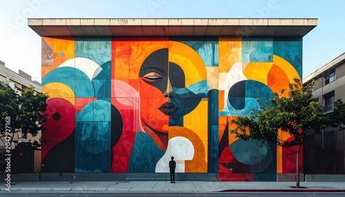 Vibrant Abstract Mural on Building Facade with Human Figure.