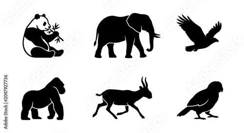 Canvas Print Diverse Wildlife Silhouettes: Panda, Elephant, Gorilla, Antelope, Birds Vector I