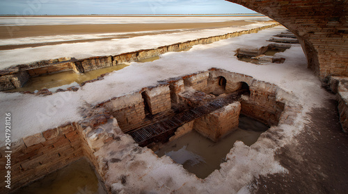 Abandoned saltworks ruins on wide salt flats