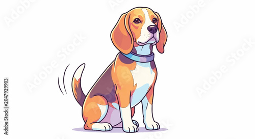 A cute beagle dog sitting and wagging its tail.