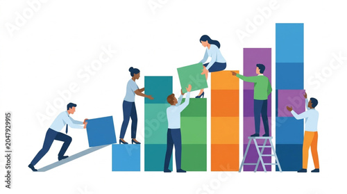 Diverse team building a colorful financial growth chart together.