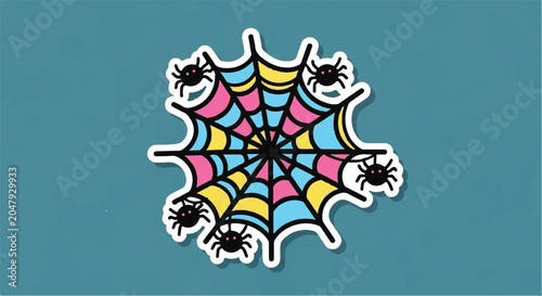 Colorful Spider Web with Spiders Illustration.
