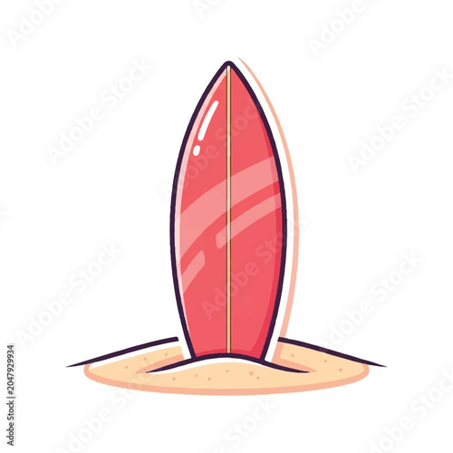 Illustration of a Red Surfboard Standing Upright in Sand.