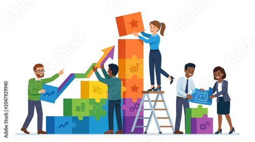 Diverse team building a colorful growth chart with puzzle pieces.