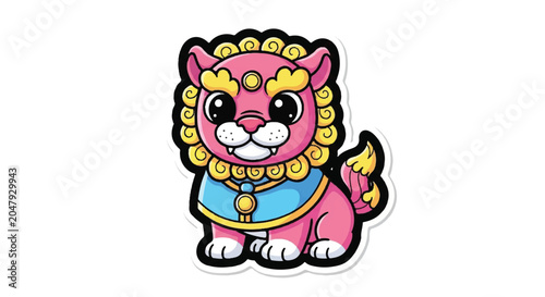 Cute Pink Foo Dog Cartoon Sticker.