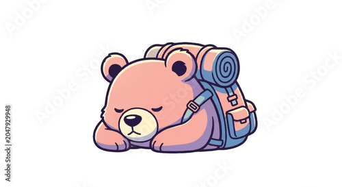 Cute Sleeping Bear with Backpack Illustration.