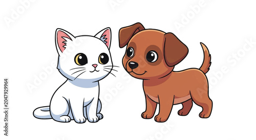 Cute Cartoon White Kitten and Brown Puppy Together.