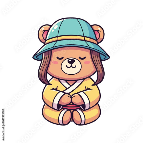 Cute Bear Meditating in Traditional Japanese Robe and Hat.