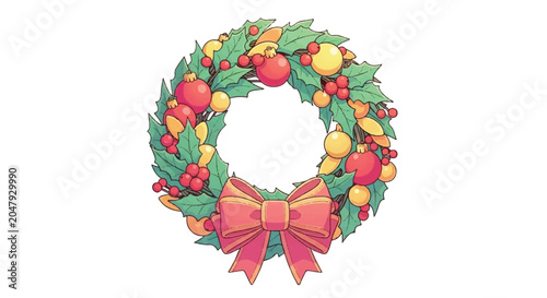 Festive Christmas Wreath with Red Bow and Ornaments.