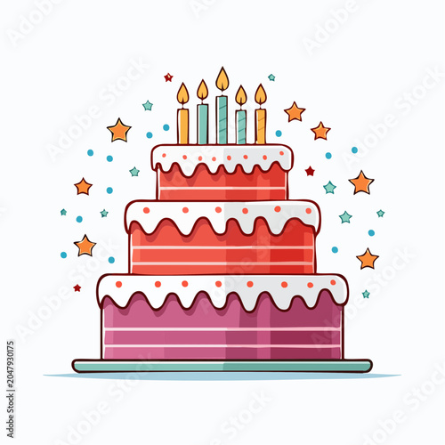 Three Tier Birthday Cake with Candles and Confetti