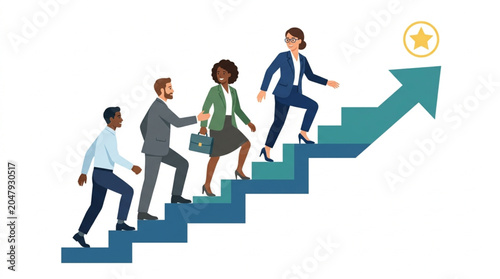 Diverse group of professionals climbing stairs towards success and achievement.