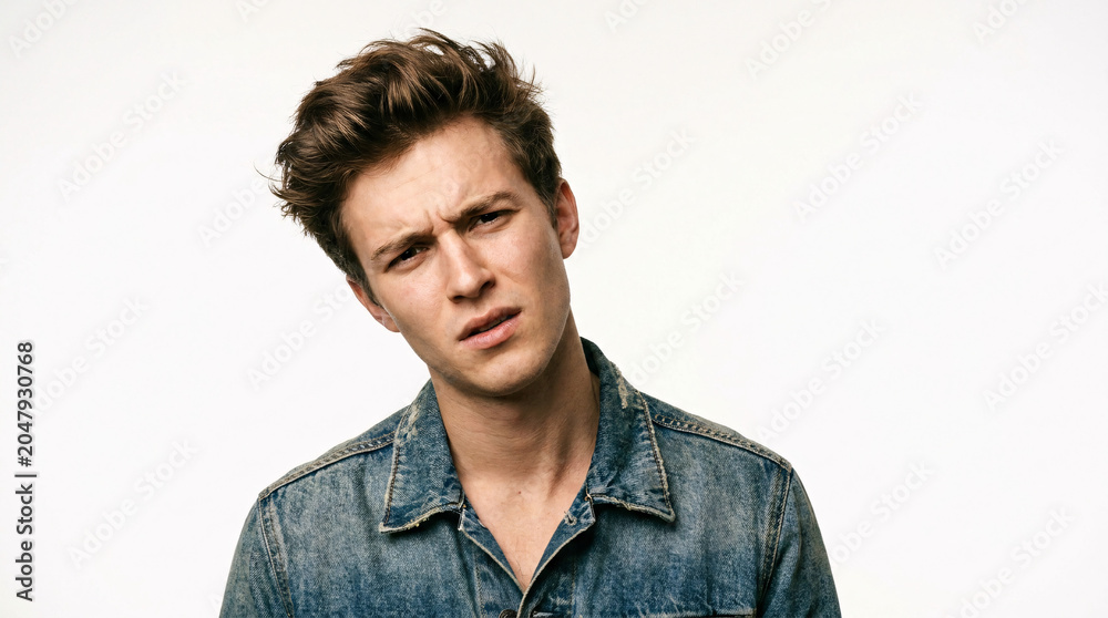 Fototapeta premium Young Caucasian man with a puzzled and questioning expression, looking directly at the camera against a clean white background, conveying uncertainty and doubt