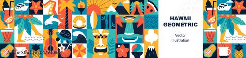 Hawaii Typography Seamless Pattern and Banner with Tropical Symbols, Geometric Travel Icons, Aloha Background