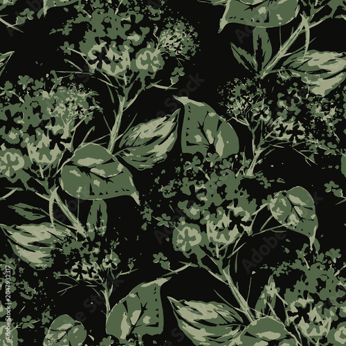 Dark moody seamless floral wallpaper pattern with hydrangea flowers and foliage hydrangea seamless botanical wallpaper background