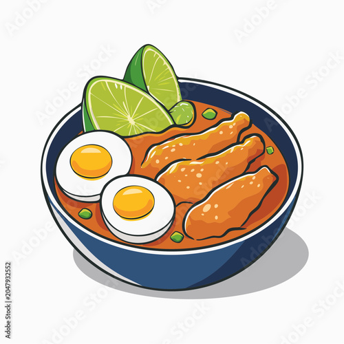 Illustration of a curry dish with boiled eggs and lime slices