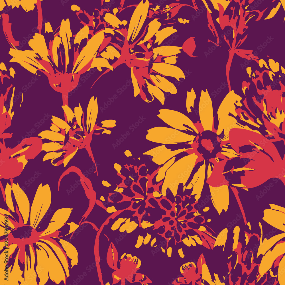 Fototapeta premium Abstract floral seamless repeat pattern with yellow flowers on a purple background seamless botanical artistic wallpaper background