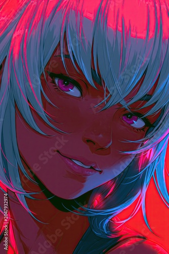 Close-up anime portrait of smiling woman with silver hair and violet eyes in red light