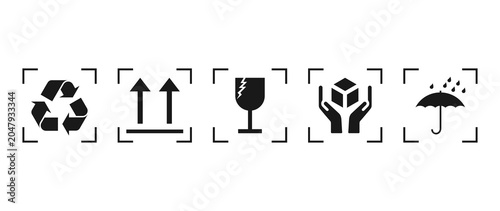 Recycling, Fragile, Keep dry, Upward, Handle with care vector symbol.