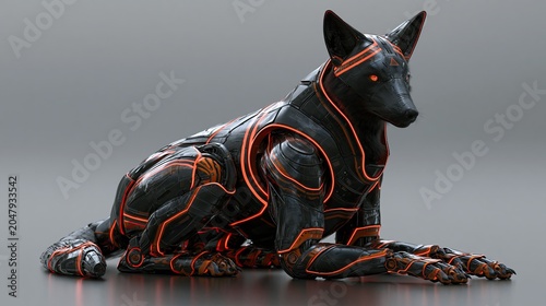 Robotic wolf with orange neon lines and black armor lying down on gray background